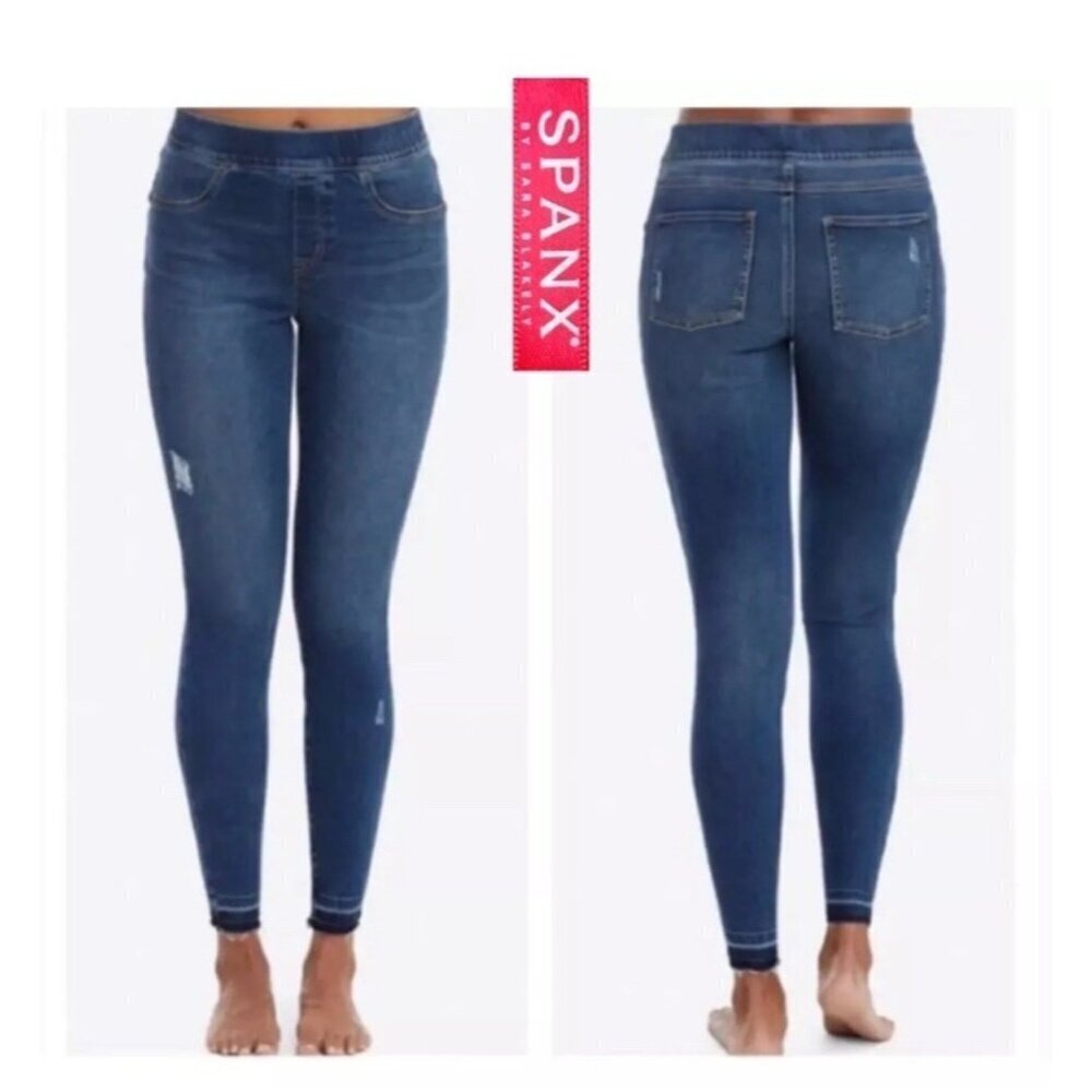 SPANX Distressed Raw Hem Skinny Pull On Denim Jeans Size Large